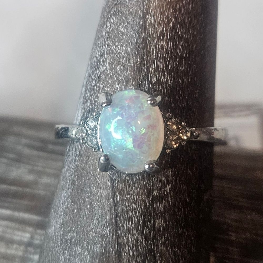 Man Made Opal With Cubic Zirconia In Silver Tone Size 8